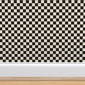 Small scale / Retro black and beige checkerboard 1 inch squares / Vintage 60s kitchen tiles / dark picnic checks grid on warm light off white creamy ivory / bold classic 70s auto car sports racing flag blender