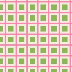 Small scale / Green squares in pink grid on beige plaid / Fun girly stripes 60s checks happy retro box dots / minimal classic lines warm fresh spring apple green and light cream summer candy rose blender