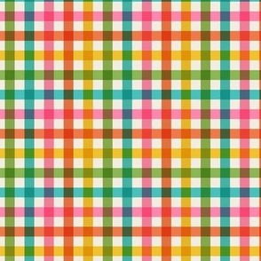 Small scale / Retro rainbow multicolored plaid on cream / bright bold happy gingham 60s stripes in blue green yellow orange and pink on soft light ivory beige / warm 70s vichy caro lines fun summer blender