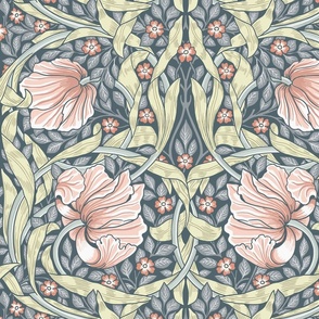 Pimpernel - LARGE 21"  - historic reconstructed damask wallpaper by William Morris -  salmon grey and peach antiqued restored reconstruction  art nouveau art deco