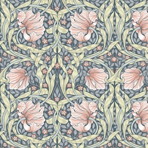 Pimpernel - MEDIUM 14"  - historic reconstructed damask wallpaper by William Morris -  salmon grey and peach antiqued restored reconstruction  art nouveau art deco
