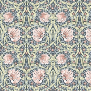 Pimpernel - SMALL 10"  - historic reconstructed damask wallpaper by William Morris -  salmon grey and peach antiqued restored reconstruction  art nouveau art deco