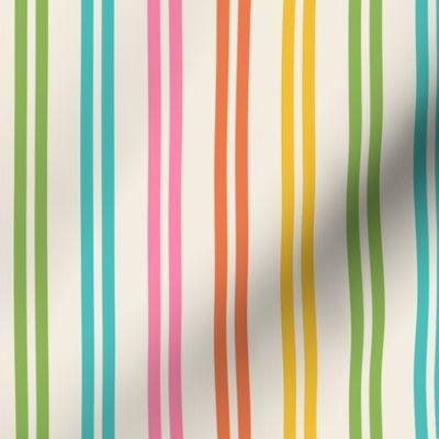 Small scale / Vertical double rainbow stripes on beige / Bright multicolored retro lines in blue green yellow orange pink and soft light creamy ivory / happy preppy fun pop colorful cabana 60s summer childrens blender