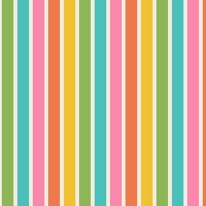 Small scale / Retro rainbow vertical candy stripes on beige / Bright multicolored lines in blue green yellow orange pink and soft light creamy ivory / colorful 60s preppy fun pop happy summer childrens blender