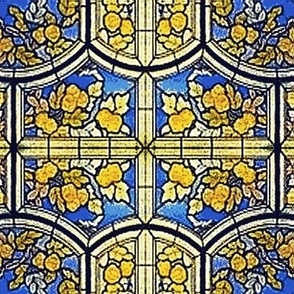 FRESQUE FLORALE art nouveau en bleu et ocre