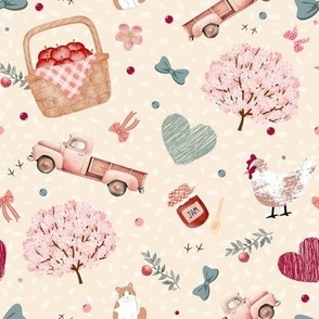Yellow Apple blossom  heart and bow apple tree farm with chickens and apple jam and spoon, pink farm truck and farm cat fabric