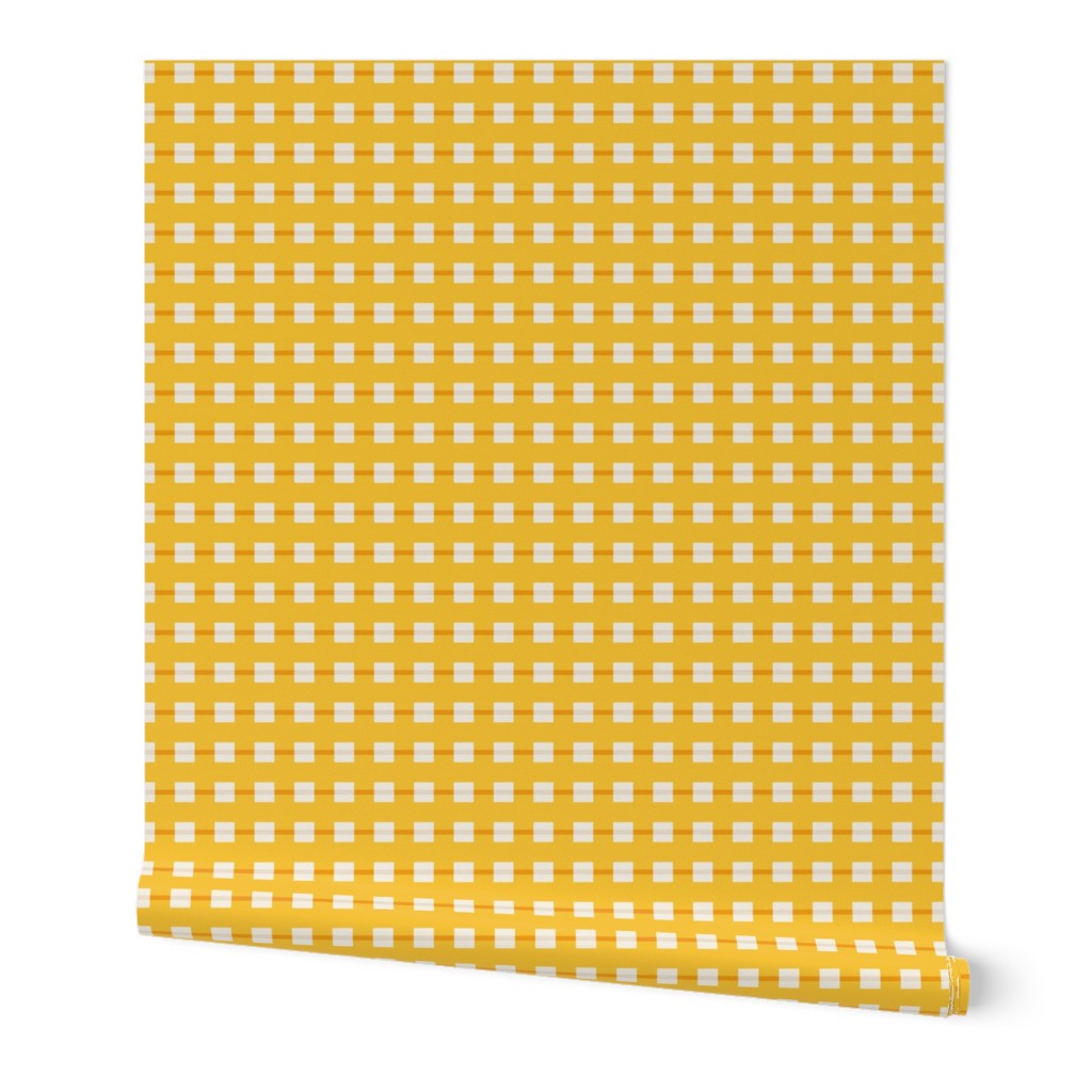 Small scale / Horizontal beige squares on yellow stripes / Modern simple minimal checks in light creamy ivory and bright orange happy sunny lines / cute preppy fun kids nursery retro summer blender