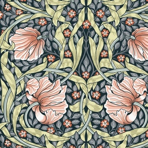 Pimpernel - LARGE 21"  - historic reconstructed damask wallpaper by William Morris -  salmon grey and peach antiqued restored reconstruction  art nouveau art deco - linen effect