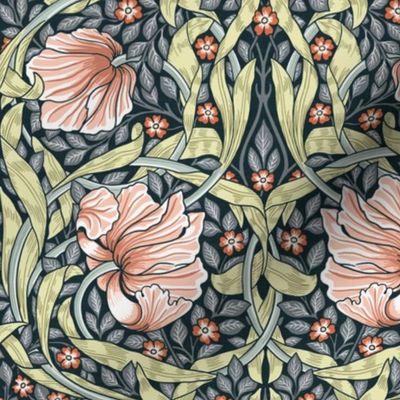 Pimpernel - SMALL 10"  - historic reconstructed damask wallpaper by William Morris -  salmon grey and peach antiqued restored reconstruction  art nouveau art deco linen effect