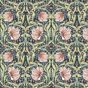 Pimpernel - SMALL 10"  - historic reconstructed damask wallpaper by William Morris -  salmon grey and peach antiqued restored reconstruction  art nouveau art deco linen effect
