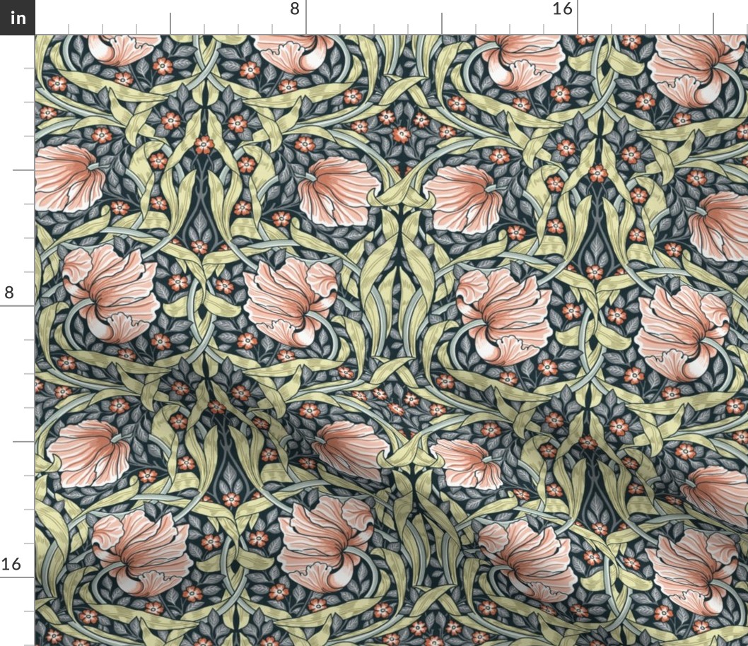 Pimpernel - SMALL 10"  - historic reconstructed damask wallpaper by William Morris -  salmon grey and peach antiqued restored reconstruction  art nouveau art deco linen effect