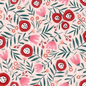 Medium | Tossed Pink and red florals and green leaves on light pink