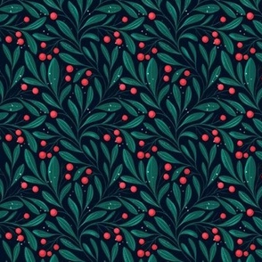 Small | Christmas greenery, crimson red berries and green leaves on dark blue 