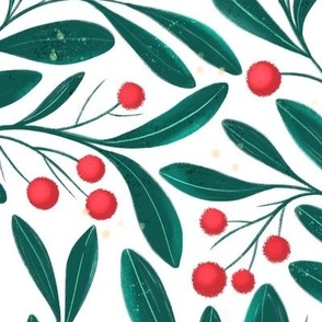 Medium | Christmas floral design with  red berries and emerald green leaves  on white