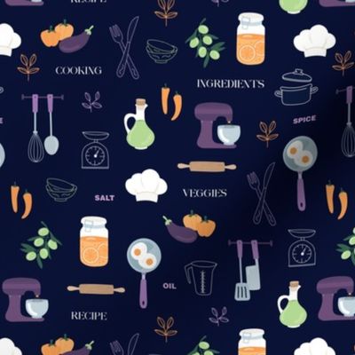 On the job series - chef cook kitchen supplies pots and pans utensils veggies and fruits baking and cooking theme mint green orange purple on navy blue
