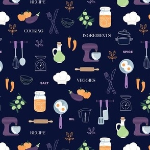 On the job series - chef cook kitchen supplies pots and pans utensils veggies and fruits baking and cooking theme mint green orange purple on navy blue