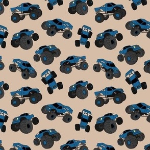 Minimalist boho style monster trucks kids design - cool cars with big wheels toy pattern eclectic blue on tan beige
