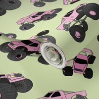 Minimalist boho style monster trucks kids design - cool cars with big wheels toy pattern girls nineties palette pink lime green