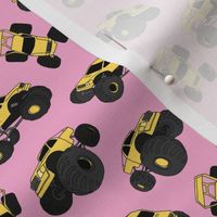 Minimalist boho style monster trucks kids design - cool cars with big wheels toy pattern girls pink yellow