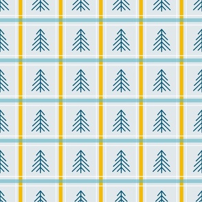 Embracing the Winter Glow: Blue and Yellow Plaid with Pine Trees