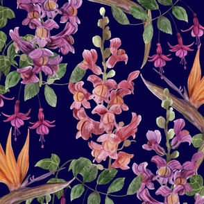 Painterly Floral with Snapdragon,  Ivy, Bird of Paradise and Fuchsia Navy Blue Background Large Scale
