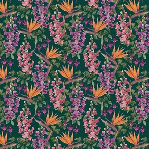 Painterly Floral with Snapdragon, Ivy, Bird of Paradise and Fuchsia Deep Green Background Small Scale 