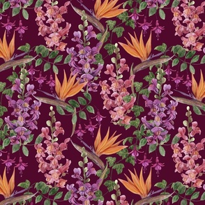 Painterly Floral with Snapdragon,  Ivy, Bird of Paradise and Fuchsia Burgundy Background Medium Scale