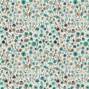 Forest Mushroom Botanical Watercolor pattern Green Verdigris Ecru White Small