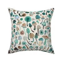 Forest Mushroom Botanical Watercolor pattern Green Verdigris Ecru White Medium