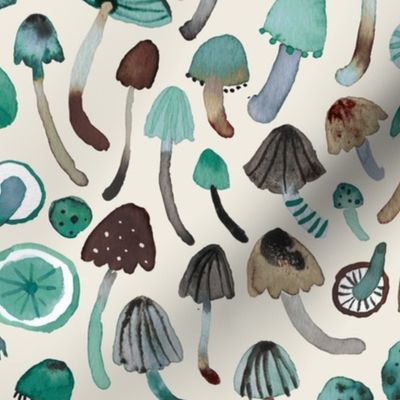 Forest Mushroom Botanical Watercolor pattern Green Verdigris Ecru White Medium