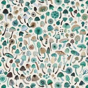 Forest Mushroom Botanical Watercolor pattern Green Verdigris Ecru White Micro