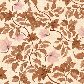 Medium scale earth tone watercolor leaves and pink blossoms on a cream background