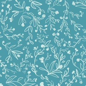 Whimsical sketched vines and leaves on teal. Cottagecore, 20”