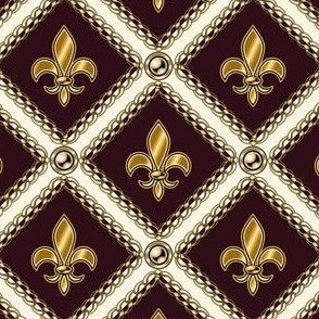 Fleur-de-lis and Gold Chain on Warm Brown Tiles Edged in Ivory