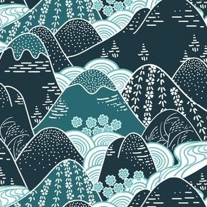 Japanese-Style Mountain Streams Woodblock in Turquoise and Teal