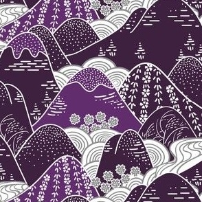 Japanese-Style Mountain Streams Woodblock in Silver and Violet