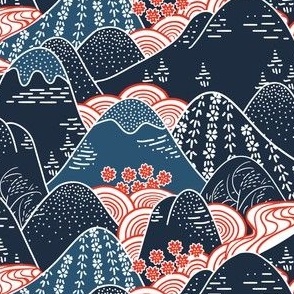 Japanese-Style Mountain Streams Woodblock in Scarlet and Denim