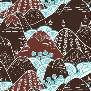 Japanese-Style Mountain Streams Woodblock in Turquoise and Brown
