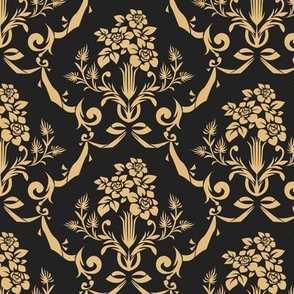 Golden Bouquet and Ribbon Damask on Off-Black
