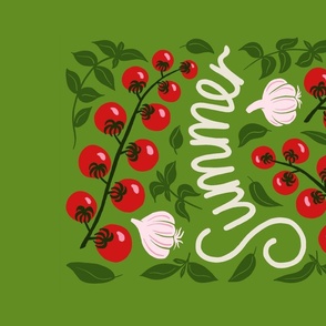 Summer Seasonal Teatowel - Vegetable Garden - Allotment - Grow your own Tomatoes, Garlic and Basil 