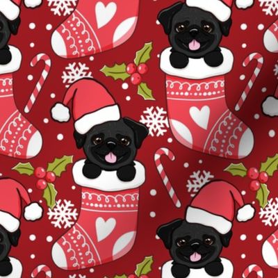 Cute Black Pug Christmas stocking red fabric