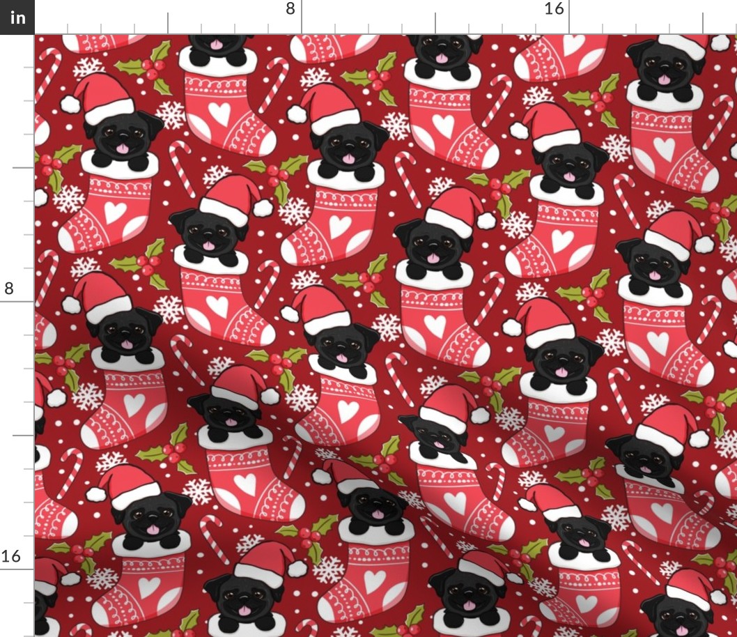 Cute Black Pug Christmas stocking red fabric