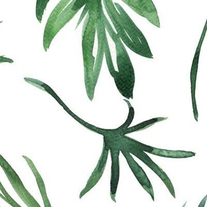 large - Tropical jungle airy palm leaves - watercolor green on white