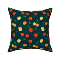 Red and yellow cherry fruit with green for kitchen table linen or aprons