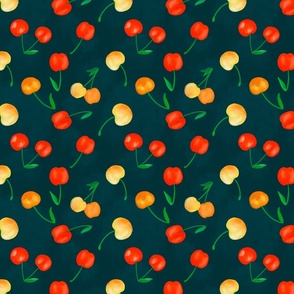 Red and yellow cherry fruit with green for kitchen table linen or aprons
