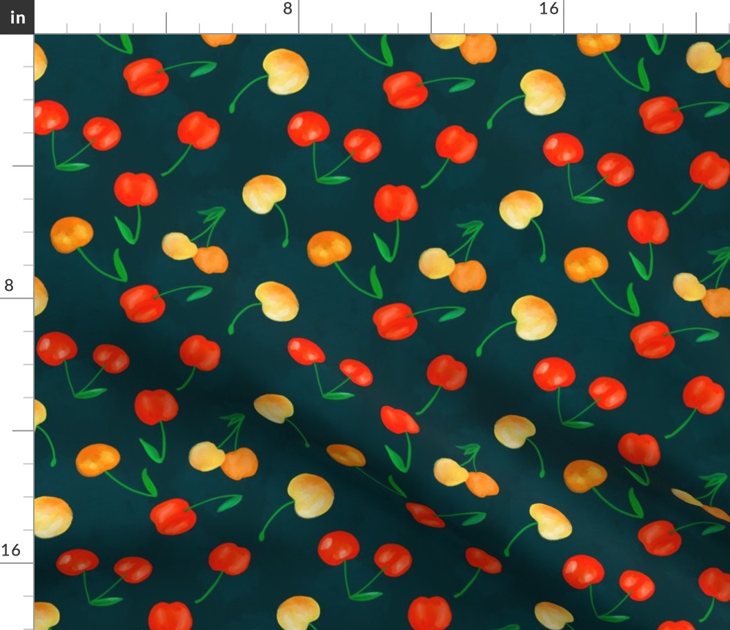 Red and yellow cherry fruit with green for kitchen table linen or aprons