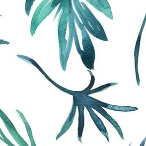 large - Tropical jungle airy palm leaves - watercolor blue green teal on white