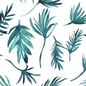 medium - Tropical jungle airy palm leaves - watercolor blue green teal on white