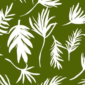 medium - Tropical jungle airy palm leaves - white on dark moss green