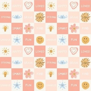 Checkerboard positivity pattern positive affirmations for kids chalk word art 4X4 repeat pink 